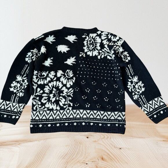 Marshall Field's Vintage Floral Intarsia Sweater Sz L Black White Cotton Blend - Picture 5 of 13